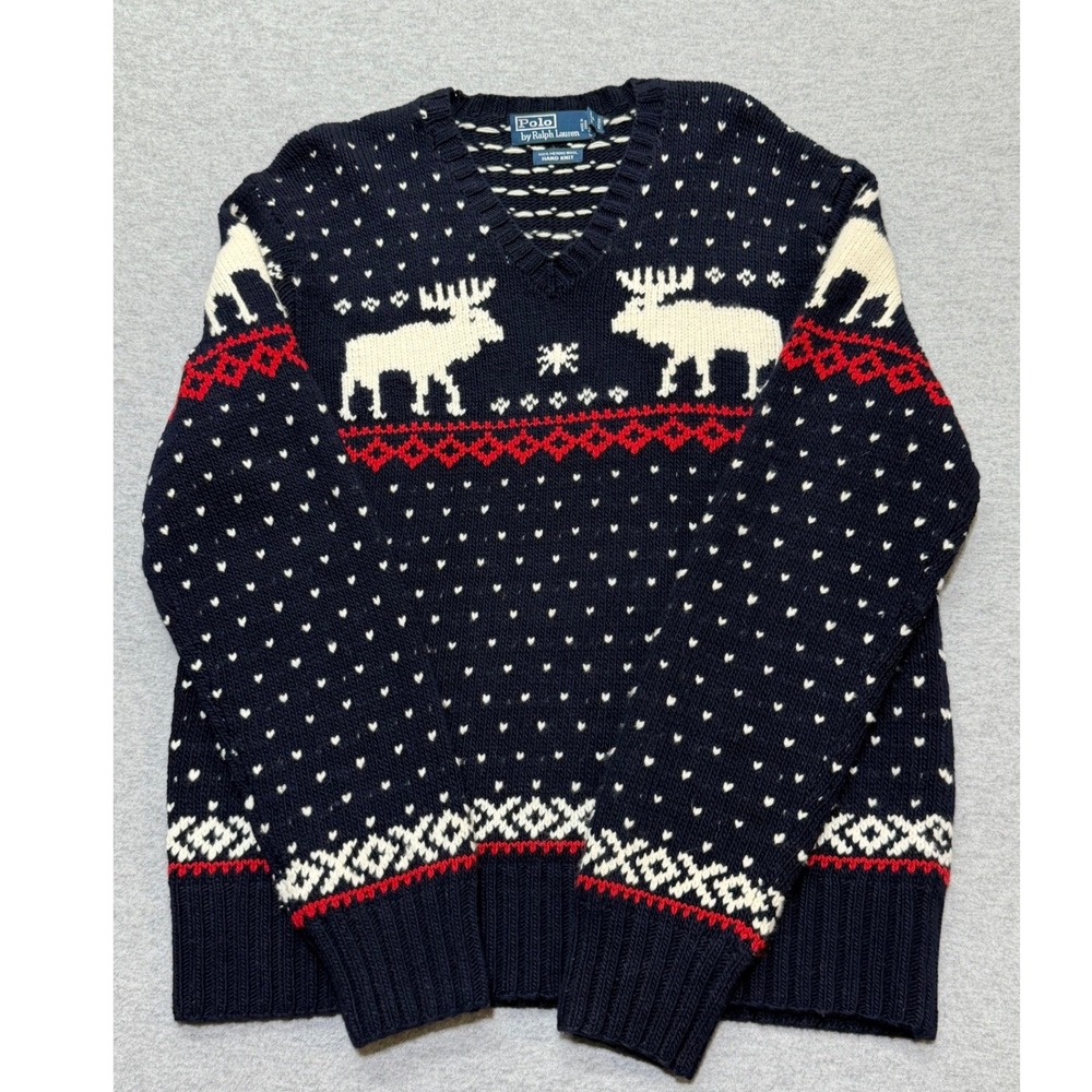 Polo Ralph Lauren Mens L Hand Knit Merino Wool Moose Fair Isle V-Neck Sweater